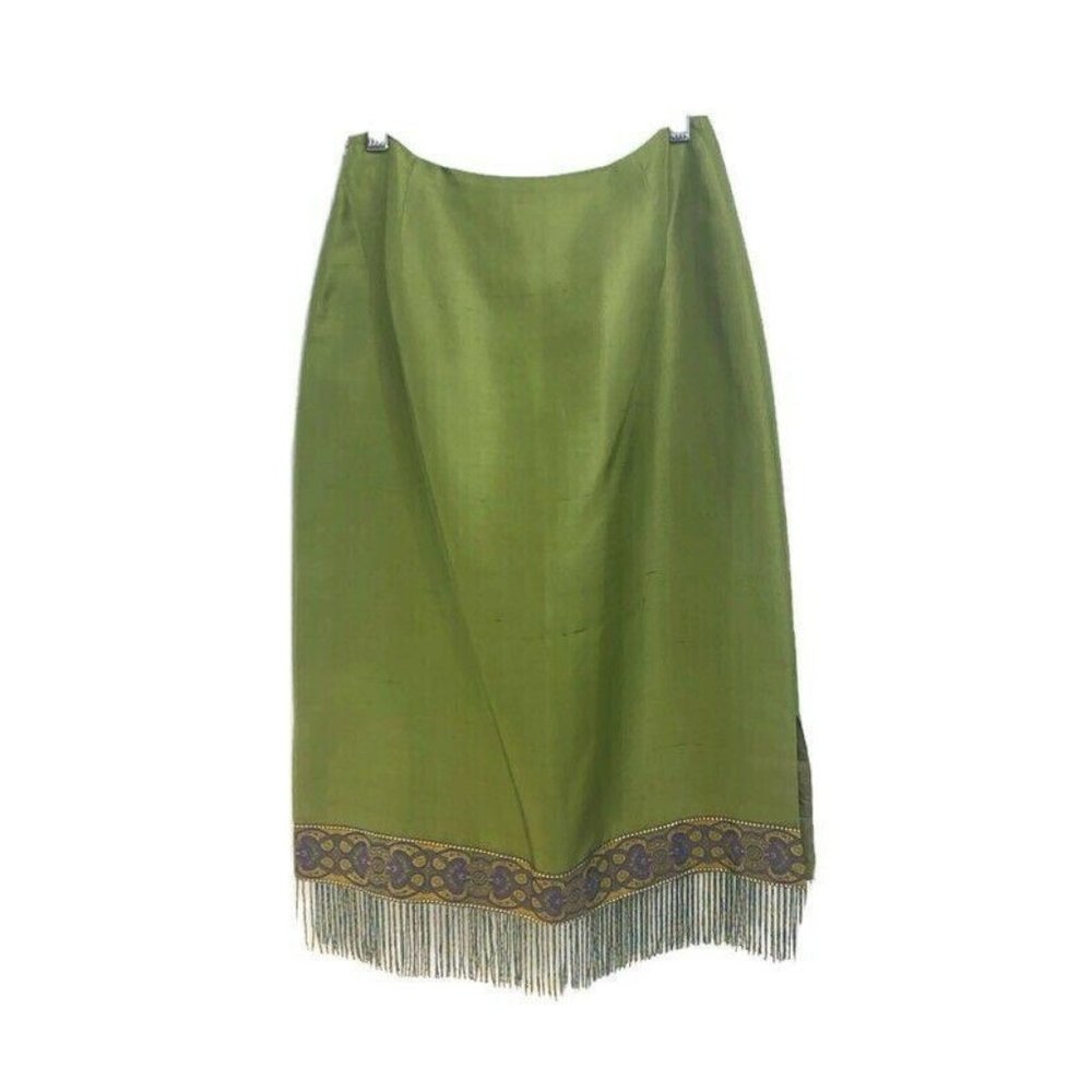 90s Green Silk Skirt Size 2 Beaded Fringe
